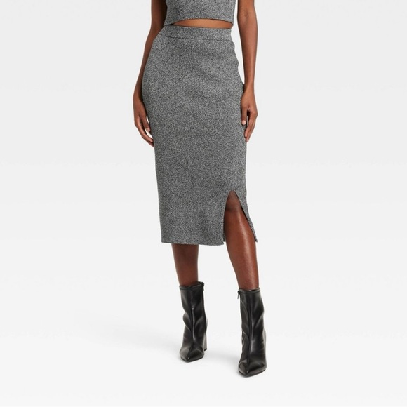 A New Day Charcoal with Silver shimmer Women's Lurex Midi Sweater Pencil Skirt - Picture 3 of 12